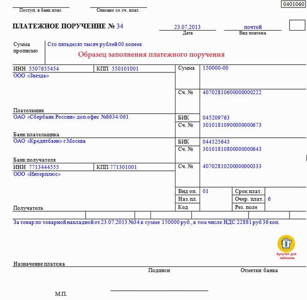 Оформление графы «Назначение платежа» в зависимости от его вида